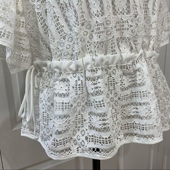 ANA A New Approach White Lace Ruffle Sleeve Sheer Peplum Top Blouse - Picture 9 of 11